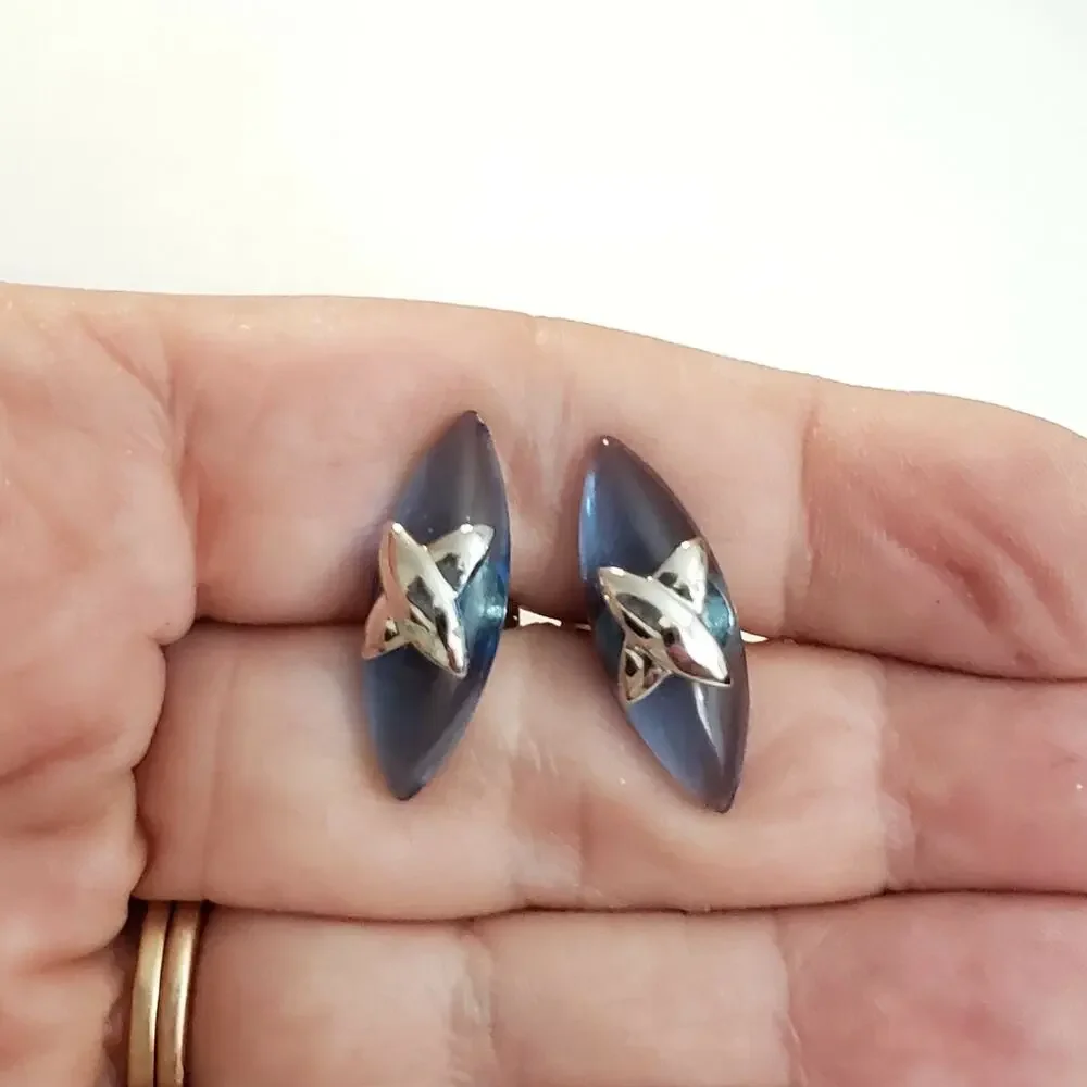 Vintage Blue & Silver CuffLinks / Cufflinks Modernist Lucite Unique Unisex cl-‎